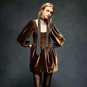 Free People Farrier Velvet Smocked Mini Dress Brown Bear Balloon Sleeves NWT